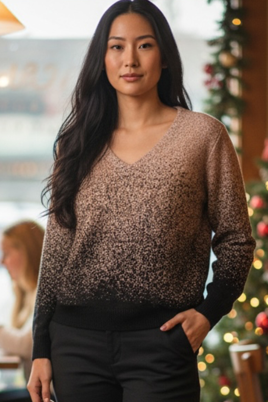 Adrienne Vittadini Metallic Ombre V-Neck Sweater Black Rose Gold XL